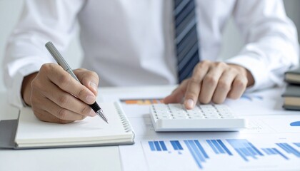 Fototapeta premium Professional individual working with financial documents. The image captures a person meticulously using a pen and calculator for calculations