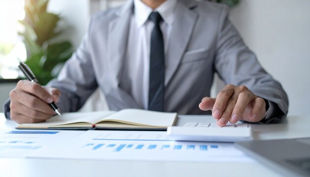 A business professional in a formal suit working on financial calculations. The person is focused on the task, using a pen to write on the notebook, and a calculator to process data