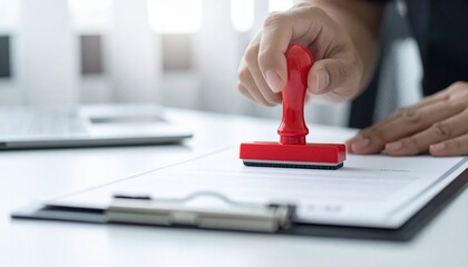 A person stamps a document with a red seal, symbolizing approval and validation. This scene evokes the feeling of a formal agreement or official procedure.