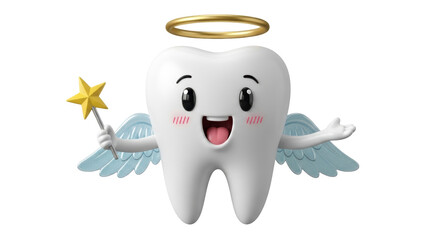 Isolated Cartoon Tooth with Angel Wings and Halo