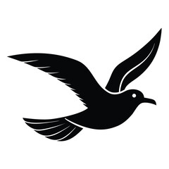 Obraz premium Pure black flat design of a flying seagull with outstretched wings and pointed beak, captured in mid-air motion, isolated on white background. 
