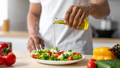 A close-up view shows a person pouring olive oil onto a salad. The image captures a healthy eating habit