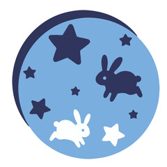 Minimalistic blue moon icon with rabbits and stars in a simple design, vector illustration on white background, concept of dreams and night inspiration.