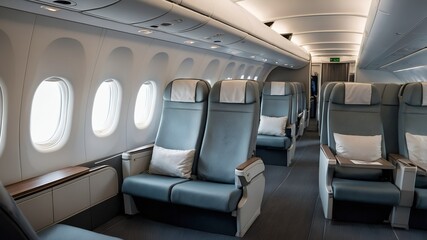 Photorealistic empty airplane cabin: well-lit, modern design. Rows of comfortable seats with headrests/armrests, bathed in soft natural/ambient light. Clean, spacious interior.