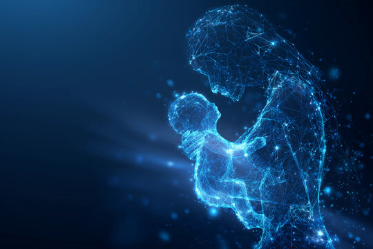 Digital concept illustrating the deep maternal connection between mother and child during the pregnancy journey and childbirth experience with glowing effects