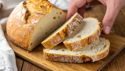 Freshly baked bread slices being held, ready to enjoy, with a wooden cutting board. The bread has a golden crust and a soft, airy interior.