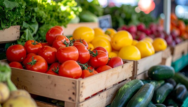 Vibrant display of fresh produce at a farmers market, with tomatoes and lemons as the central focus