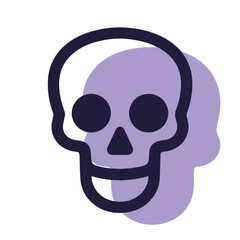 Stylized purple skull illustration with playful facial features against a light background, spooky concept of Halloween decor or party supplies
