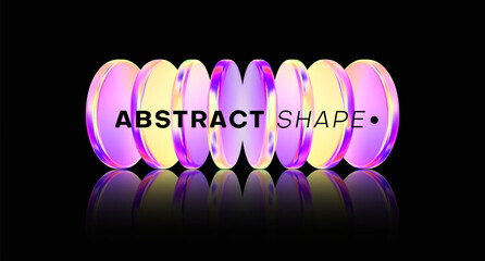 Abstract gradient poster with glass shape. Colorful fluid gradient circle disk black background. Geometric technology abstract pattern. Iridescent glass round element. Vector illustration