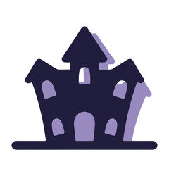 Spooky purple haunted house silhouette design on a white background, capturing Halloween spirit for festive decorations, concept of party supplies or event planning