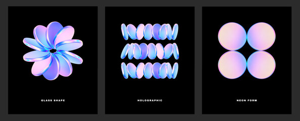 Abstract gradient 3d poster. Futuristic holographic background. Fluid gradient circle shape black background. Geometric technology abstract pattern. Iridescent glass round element. Vector illustration