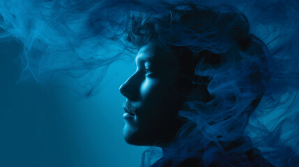 a dark blue aura wrapping around a thoughtful person