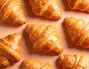 Golden croissants arranged on a pastel background