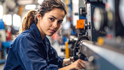 Fototapeta premium A female technician focused on her work. The woman is dressed in a blue work uniform, carefully working on a large piece of machinery, highlighting her skill and dedication.