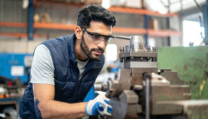 A focused man operating machinery in a manufacturing setting. He is wearing protective eyewear and gloves, working meticulously on a machine