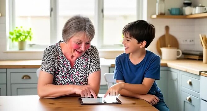 Bridging the generation gap: grandson teaching grandmother with technology, learning on a tablet.