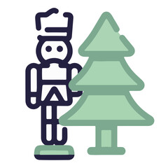 Fototapeta premium Minimalistic nutcracker figure with pastel green shadow next to a decorative tree on a white background, concept of holiday decor and celebration.