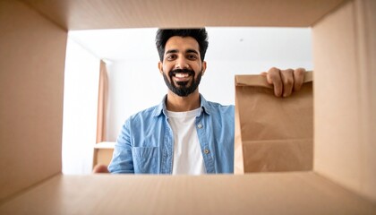 A smiling man excitedly pulling a brown paper bag out of a cardboard box