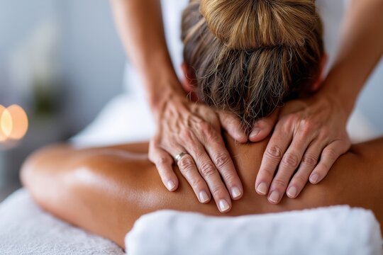 Closeup of woman receiving relaxing back massage at spa showing hands applying pressure for stress relief