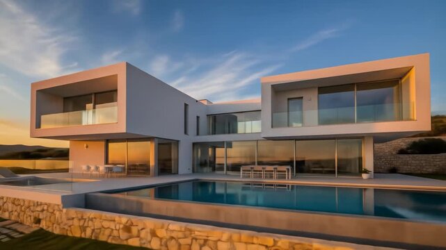 Modern Luxury Villa with Large Swimming Pool at Sunset - Architectural Design