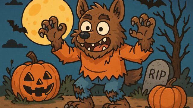 Large cartoon werewolf with pumpkins and a gravestone under a full moon.

