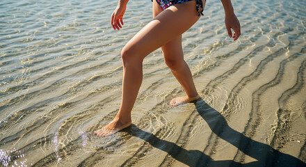 Close-up of a woman's legs and lower body in a bikini bottom, as she dips her feet into the shallow, clear ocean water. The sand patterns under the water are visible, and the sunlight creates sparklin
