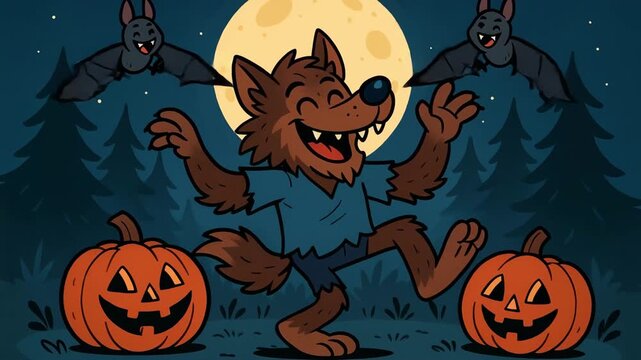 Cartoon werewolf howling happily among pumpkins under a full moon.
