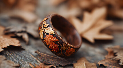 Wooden Ring with Inlaid Autumn Leaves on Forest Floor