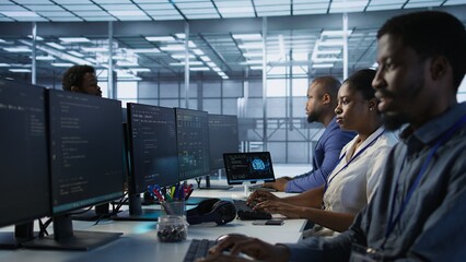 Woman putting headphones on in server room, developing disaster recovery plans ensuring minimal...