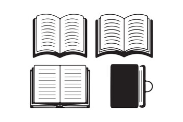 Collection of open and closed book icons in black and white