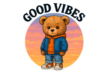 Cute bear character promoting positivity outdoors at sunset with good vibes message