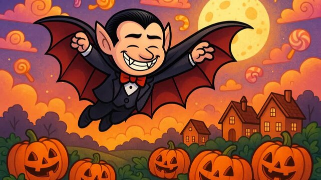 Cartoon vampire flying with outstretched cape over a spooky Halloween town at sunset.

