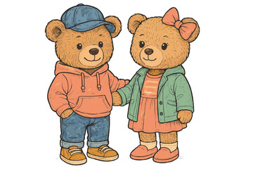 Cute cartoon bears dressed in casual outfits enjoy a sunny day outdoors while posing together in a friendly manner