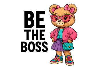 Cute bear character in stylish outfit encourages confidence and leadership for kids in a vibrant setting