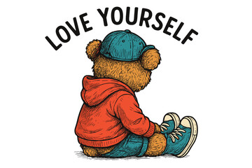 Bear character in a hoodie and cap promotes self-love with an encouraging message in vibrant colors