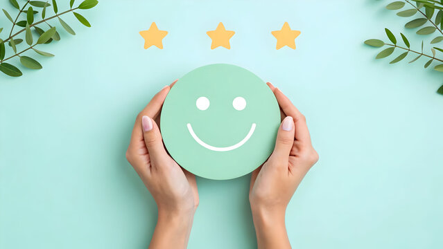 Smiley Face with Stars Held by Hands over Blue Background and Leaves - Powered by Adobe