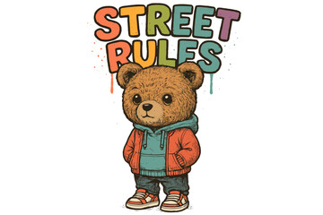 Cute bear character wearing a hoodie and sneakers with colorful Street Rules lettering in a playful urban design