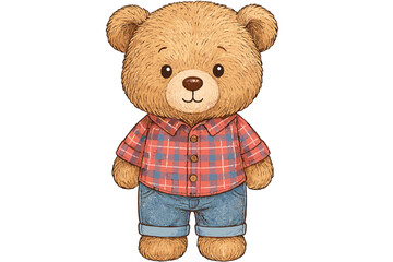 Cute bear character wearing a plaid shirt and jeans with a friendly expression in a cheerful pose