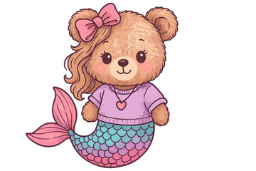 Cute cartoon bear mermaid with vibrant tail and bow in playful design