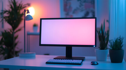 A festive LCD computer monitor displays a Christmas tree adorned with baubles