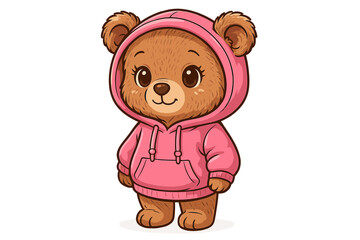 Cute cartoon bear wearing a pink hoodie stands cheerfully in a playful setting ready for fun adventures