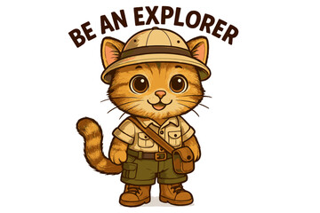 Cute explorer cat character in safari outfit encouraging adventure and exploration