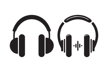Two black silhouette headphones icons one with sound wave
