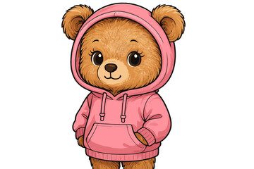 Cute cartoon bear wearing a pink hoodie stands confidently with hands in pockets in a playful pose
