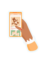 A woman holds a phone sticker in her hand. A phone display showcases social media application. Social app with photo in action, cute character, and engaging visuals, perfect for digital communication