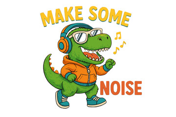 Cartoon dinosaur wearing headphones and sunglasses walks while encouraging fun and excitement in a vibrant design