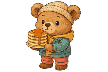 Cute cartoon bear holding a stack of pancakes with syrup in a cozy outfit, celebrating breakfast at a fictional diner