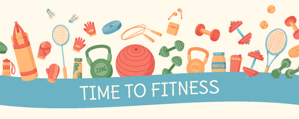 Colorful flat background of sport equipment banner featuring gym and fitness tools. Workout and training accessories supporting healthy lifestyle exercise concepts.