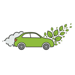 Obraz premium Green car emitting leaves as it drives forward 