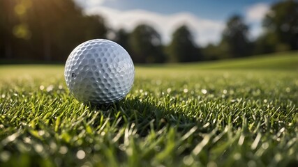 Obraz premium High-detail outdoor sports photo: golf ball on vibrant green grass, club ready to strike. Bright natural sunlight, sharp foreground focus, soft blurred course background.